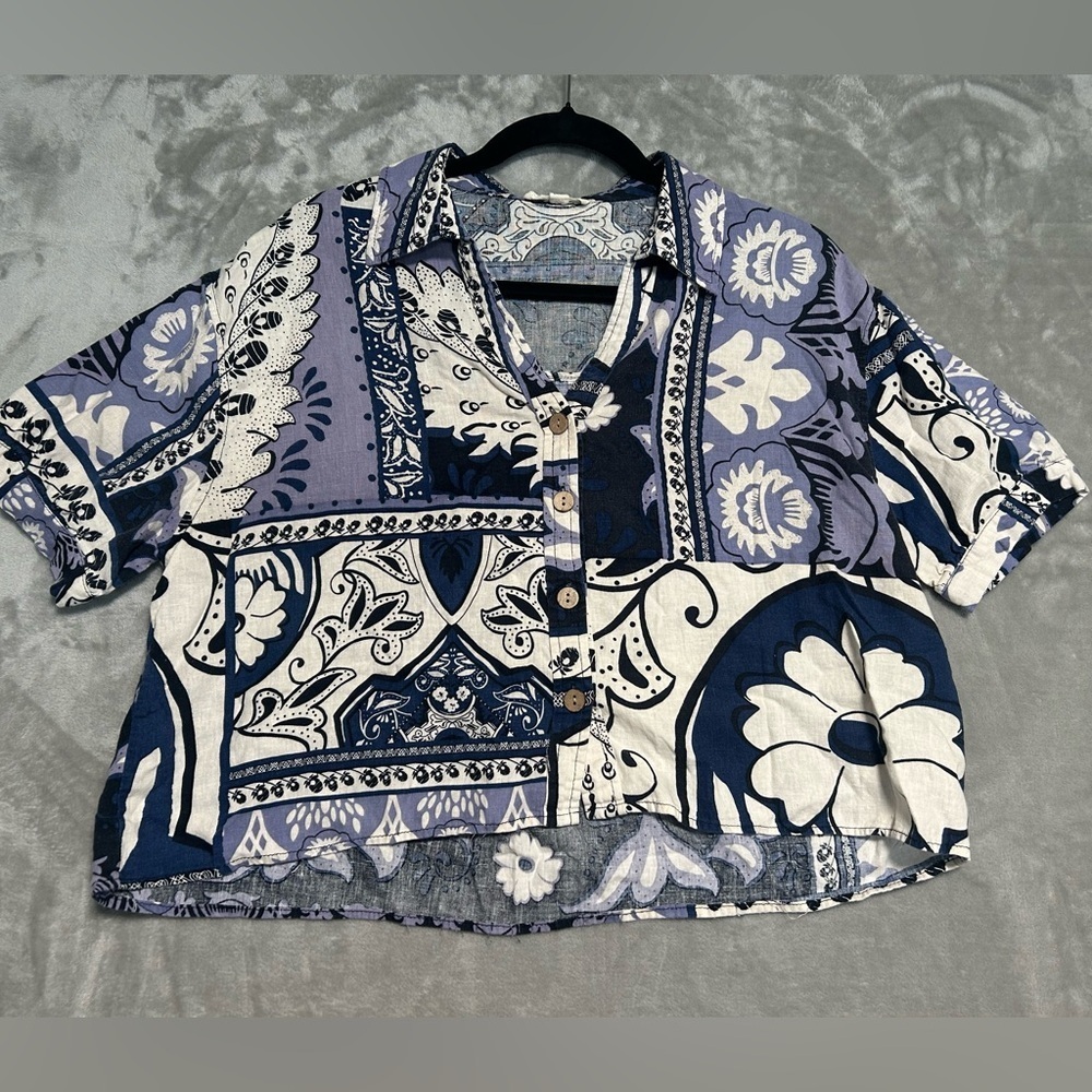 Christian Siriano Button Down Cropped Top Women’s Large Linen Blend Patchwork